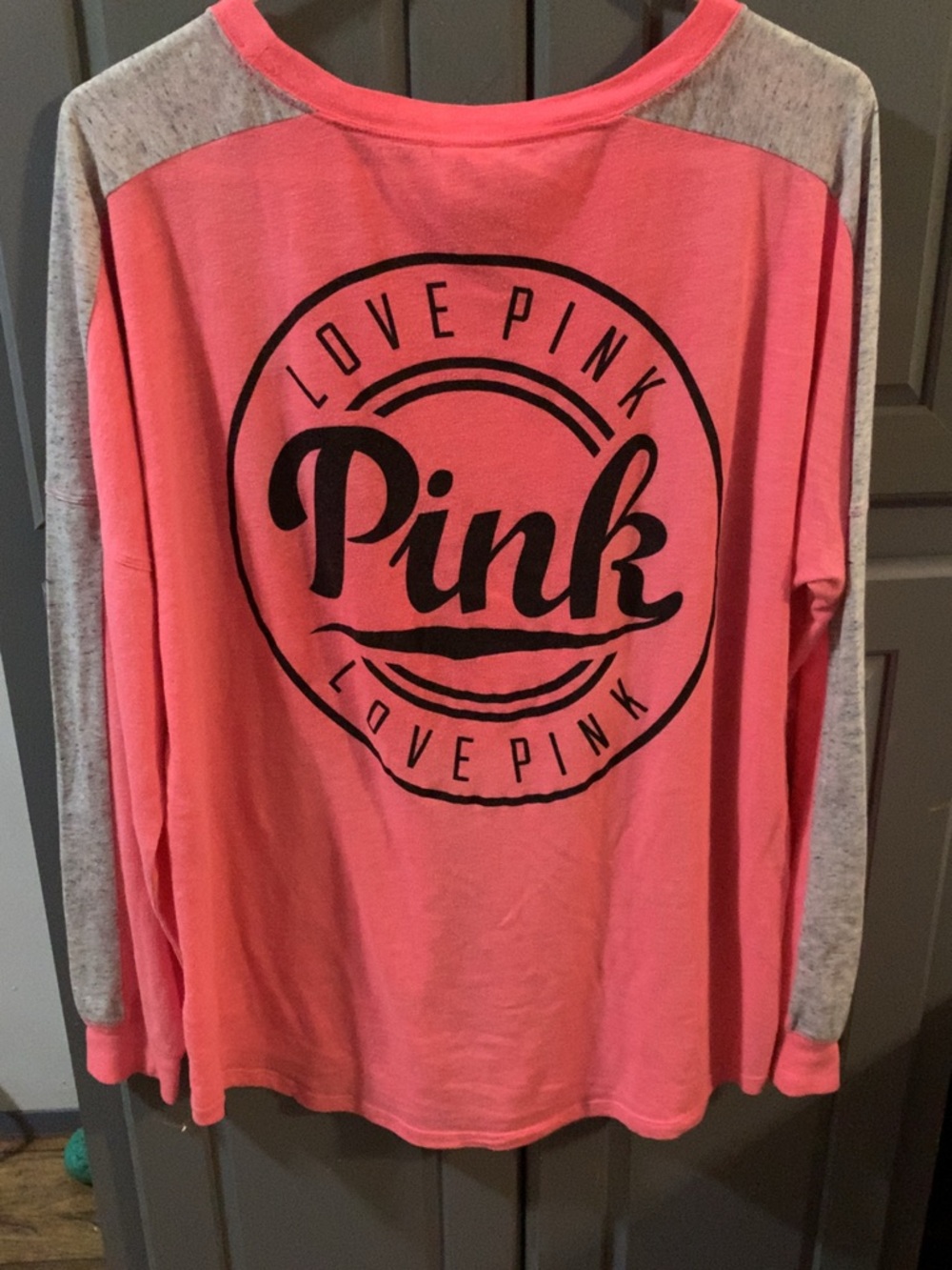 PINK Victoria's Secret Girls' Long Sleeve Pink Crewneck with Gray Sleeve Stripes - Picture 2 of 3